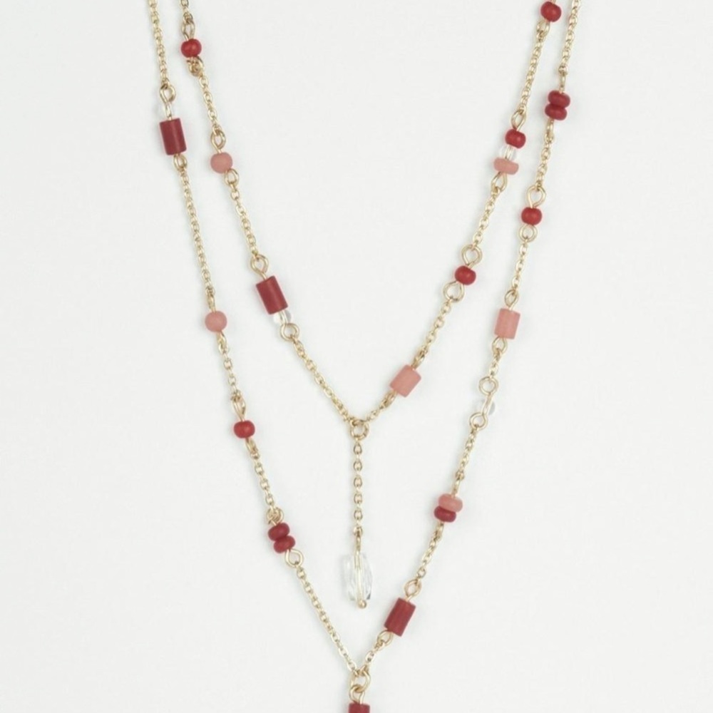 🆕 Lucky Brand Red Stone Delicate Beaded Layer Lariat Gold Necklace - Picture 3 of 3
